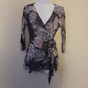 Y2K Grey Floral Mesh Asymmetrical Wrap Top Sz M Fairy Grunge Whimsigoth